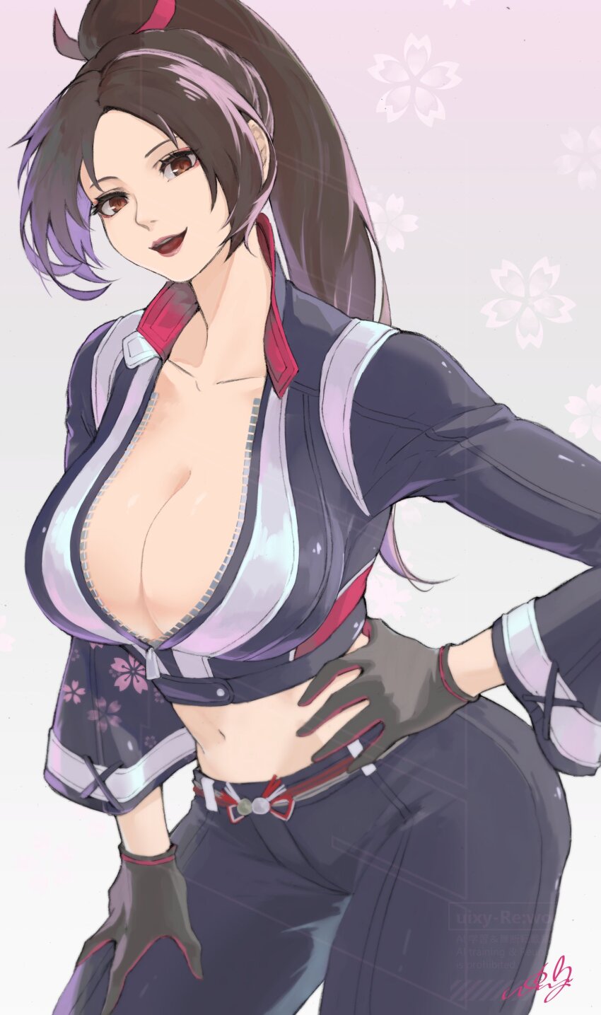 1girl absurdres artist_name belt black_gloves black_jumpsuit breast_zipper breasts brown_eyes brown_hair cleavage commentary_request covered_erect_nipples cowboy_shot crop_top cropped_jacket fatal_fury fatal_fury:_city_of_the_wolves gloves grey_belt grey_eyes hand_fan hand_on_leg hand_on_own_hip hand_on_own_leg hand_on_own_thigh high_ponytail highres holding holding_fan jumpsuit large_breasts leather leather_pants long_hair looking_at_viewer navel no_bra open_mouth pants ponytail shiranui_mai sidelocks smile snk solo teeth the_king_of_fighters thighs tongue uixy white_background wide_sleeves zipper zipper_pull_tab