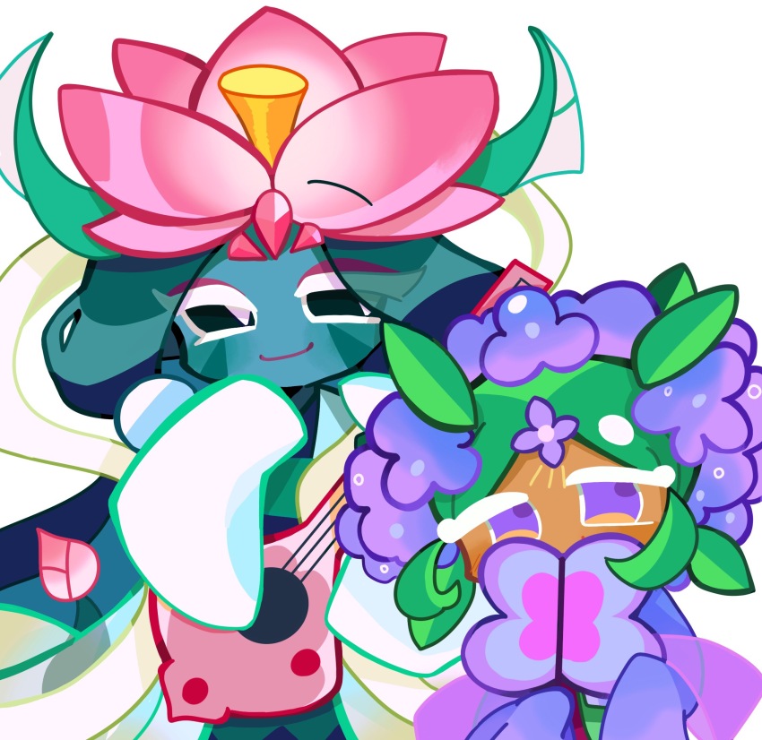 1girl 1other androgynous aqua_hair aqua_skin black_sclera chinese_commentary colored_lineart colored_sclera colored_skin commentary cookie_run cookie_run:_ovenbreak covering_own_mouth dark-skinned_female dark_skin flower flower-shaped_hair height_difference highres horns hydrangea_cookie instrument light_smile looking_to_the_side lotus lotus_dragon_cookie middle_part monster_girl music no_nose official_style plant_girl playing_instrument purple_flower sideways_glance simple_background white_background white_eyes wide_sleeves yizhijieke_xiaogege