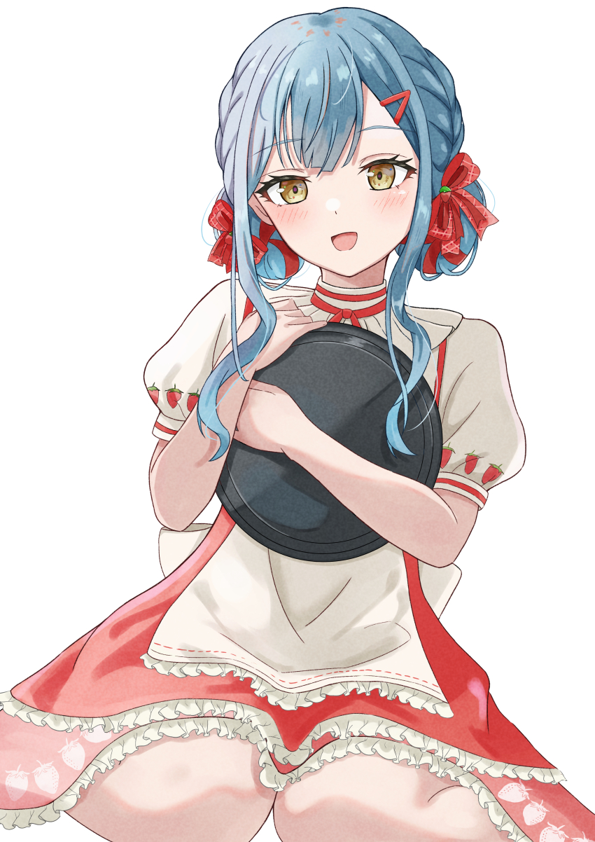 1girl absurdres bang_dream! bang_dream!_it&#039;s_mygo!!!!! beniyomogi blue_hair blush commentary_request food_print frilled_skirt frills fruit_print hair_ornament hairclip highres holding holding_tray long_hair looking_at_viewer open_mouth partial_commentary red_ribbon red_skirt ribbon shirt short_hair_with_long_locks sidelocks simple_background skirt solo strawberry_print sweets_paradise togawa_sakiko tray white_background white_shirt