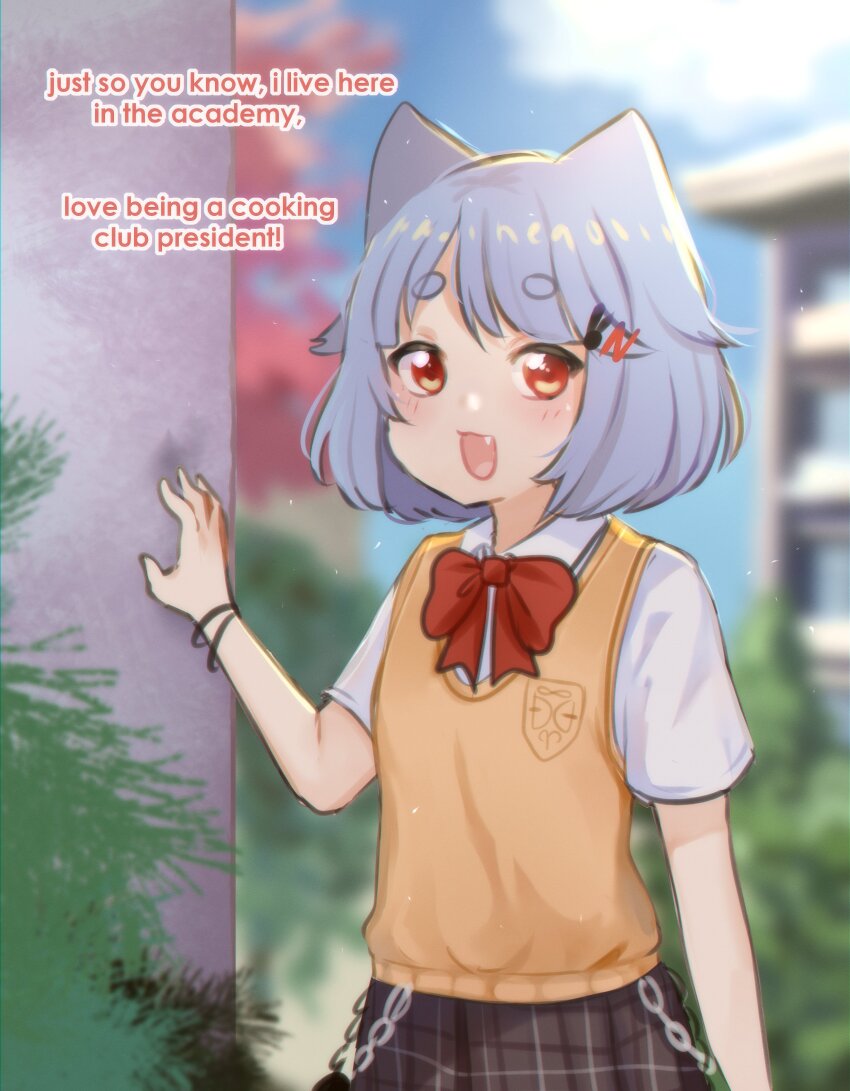 1girl absurdres animal_ears blue_hair blurry bow bowtie building bush cat_ears cat_girl chain commentary depth_of_field english_text fang hair_ornament hairclip highres medium_hair neqo_(character) neqo_(neneneqo) open_mouth orange_sweater_vest original plaid_clothes plaid_skirt red_bow red_bowtie red_eyes school_uniform skirt smile solo sweater_vest upper_body wristband