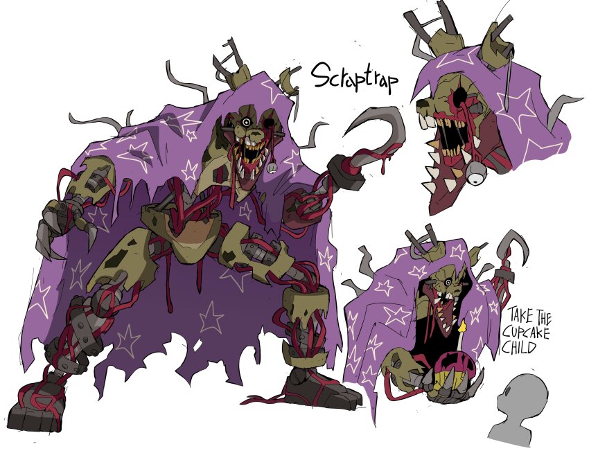 1boy absurdres animal_costume animal_ears black_sclera colored_sclera cupcake cyberlord1109 eye_socket five_nights_at_freddy&#039;s five_nights_at_freddy&#039;s_3 food highres horror_(theme) missing_eye rabbit_costume rabbit_ears robot scraptrap_(fnaf) spring_bonnie_(fnaf) springtrap teeth tools william_afton wire