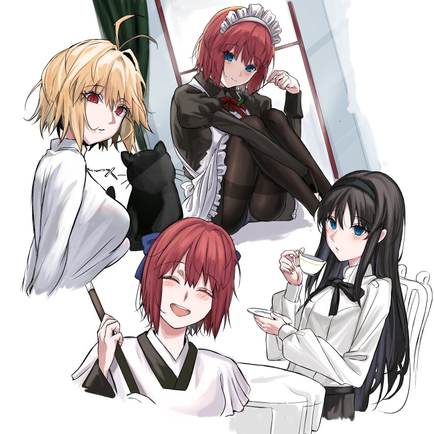 4girls :o absurdres animal antenna_hair apron arcueid_brunestud armor black_cat black_dress black_hair black_hairband black_kimono black_pantyhose black_ribbon blonde_hair blue_eyes breasts broom cat closed_eyes closed_mouth commentary_request cup dress hair_ribbon hairband highres hirekatsu-kan hisui_(tsukihime) holding holding_broom holding_cup japanese_armor japanese_clothes kimono kohaku_(tsukihime) large_breasts long_hair long_sleeves looking_at_viewer maid maid_headdress multiple_girls neck_ribbon open_mouth pantyhose red_eyes red_hair red_ribbon ribbon shirt short_hair sitting smile sweater sweater_vest table teacup tohno_akiha tsukihime tsukihime_(remake) turtleneck turtleneck_sweater wa_maid white_shirt white_sweater_vest