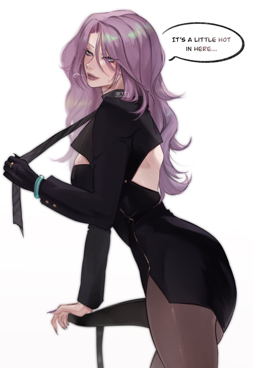 1girl absurdres alternate_costume artist_name black_dress black_jacket black_pantyhose breasts dress english_text from_side highres holding_necktie honkai:_star_rail honkai_(series) jacket jade_(honkai:_star_rail) large_breasts lart_art1 long_hair pantyhose purple_eyes purple_hair simple_background solo speech_bubble white_background