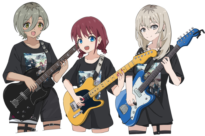 3girls bass_guitar black_nails black_shirt black_shorts black_thighhighs blue_eyes blush brown_hair censored closed_mouth collarbone commentary cowboy_shot cropped_legs earrings electric_guitar fender_jazzmaster fender_telecaster garter_straps girls_band_cry grey_eyes grey_hair guitar hair_between_eyes highres holding holding_guitar holding_instrument holding_plectrum instrument iseri_nina jewelry kawaragi_momoka long_hair long_hair_between_eyes low_twintails mole mole_under_eye mosaic_censoring multiple_girls nail_polish open_mouth playing_guitar playing_instrument plectrum red_hair red_nails rupa_(girls_band_cry) sagittarius_(cruxhkg) shirt short_hair short_sleeves short_twintails shorts sidelocks simple_background smile teeth thigh_strap thighhighs twintails upper_teeth_only white_background yellow_eyes