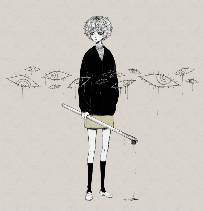 .flow absurdres black_hoodie black_socks blood closed_mouth commentary eleanor_(ohmyeleanor) english_commentary expressionless grey_background highres holding holding_lead_pipe holding_weapon hood hood_down hoodie lead_pipe looking_to_the_side messy_hair partially_colored redrawn sabitsuki shirt short_hair skirt socks solo standing weapon white_footwear white_hair white_shirt yellow_eyes yellow_skirt