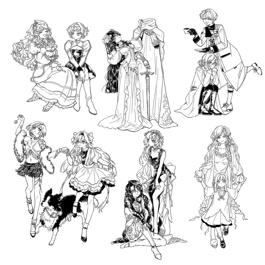 2boys 6+girls a_knight_(reverse:1999) aged_down armor cape cleavage_cutout closed_eyes clothing_cutout dog druvis_iii eternity_(reverse:1999) gauntlets glasses highres holding holding_hands holding_sword holding_weapon invisible isolde_(reverse:1999) lorelei_(reverse:1999) mercuria_(reverse:1999) mesmer_jr. multiple_boys multiple_girls official_alternate_costume ornate_armor pickles_(reverse:1999) prosthesis prosthetic_leg reverse:1999 sword vertin_(reverse:1999) voyager_(reverse:1999) weapon willow_(reverse:1999) x_(reverse:1999) xuancheng