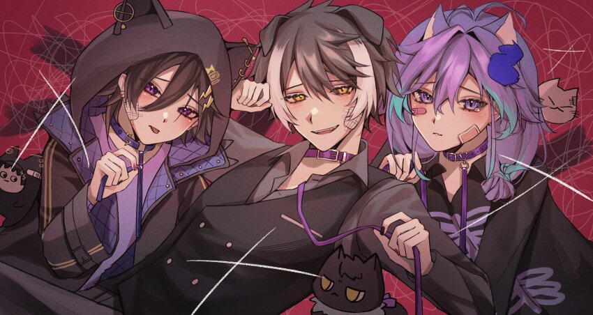 3boys androgynous animal_ears bandaid bandaid_on_face bishounen black_hair black_nails blush cat_boy cat_ears choker earrings eyelashes facing_viewer hair_between_eyes hair_intakes hair_ornament half-closed_eyes highres holding holding_leash holostars hood hooded_coat jackal_boy jackal_ears jewelry kageyama_shien kanade_izuru kanade_izuru_(1st_costume) leash lightning_bolt lightning_bolt_hair_ornament lightning_bolt_symbol long_hair looking_at_viewer male_focus minase_rio minase_rio_(1st_costume) multicolored_hair multiple_boys nakayama_(kageyama_shien) pink_background purple_choker purple_eyes purple_hair shiny_skin short_hair simple_background tearing_up tongue tongue_out two-tone_hair upper_body viewer_holding_leash virtual_youtuber white_hair yellow_eyes yu_yu_(yuyuuuu99550771)