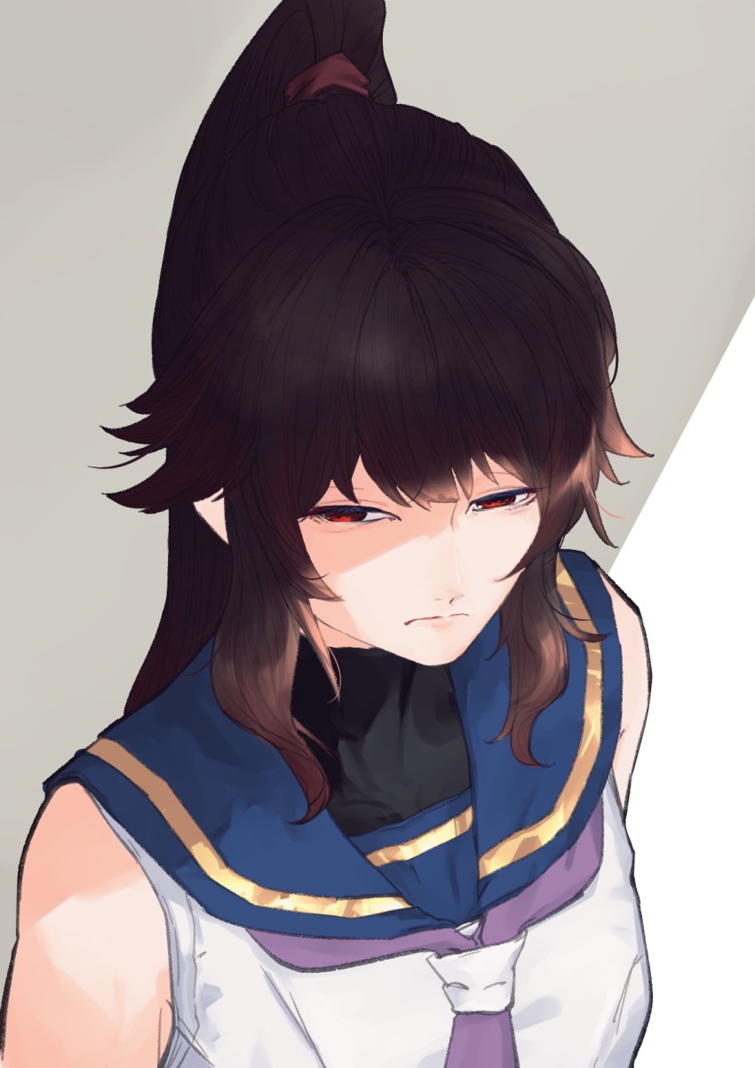 1girl arms_at_sides assault_lily bare_shoulders black_shirt blue_sailor_collar brown_hair closed_mouth commentary_request doanobu8817 frown grey_background half-closed_eyes high_ponytail highres long_hair looking_ahead nagasawa_yuki_(assault_lily) neckerchief odaiba_girls_high_school_uniform ponytail purple_neckerchief red_eyes sailor_collar school_uniform serafuku shaded_face shirt sidelocks sleeveless sleeveless_shirt solo two-tone_background undershirt upper_body white_background white_shirt