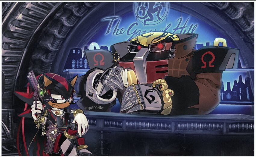2boys 9474s0ul ankle_gun bar_(place) bayonetta bayonetta_(cosplay) bayonetta_(series) cosplay crossdressing e-123_omega frown glasses gun highres humanoid_robot jewelry mechanical_arms multiple_boys omega_symbol ring robot rodin rodin_(cosplay) shadow_the_hedgehog sonic_(series) weapon
