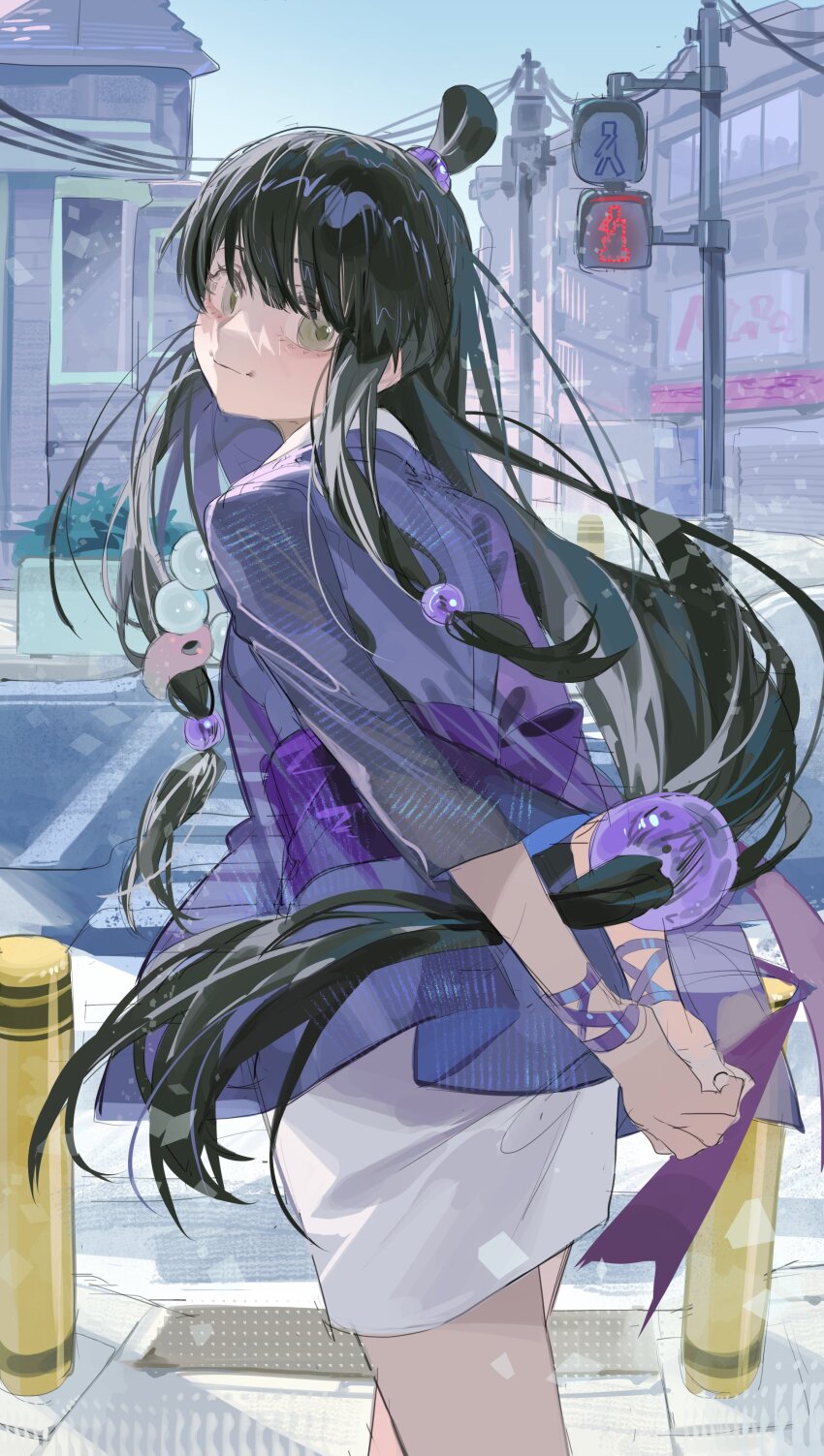 1girl absurdres ace_attorney arms_behind_back back black_hair blunt_bangs closed_mouth cowboy_shot green_eyes highres japanese_clothes jewelry kimono long_hair looking_at_viewer magatama magatama_necklace maya_fey necklace omurice_(304975636) outdoors purple_sash sash short_kimono smile solo standing topknot white_kimono