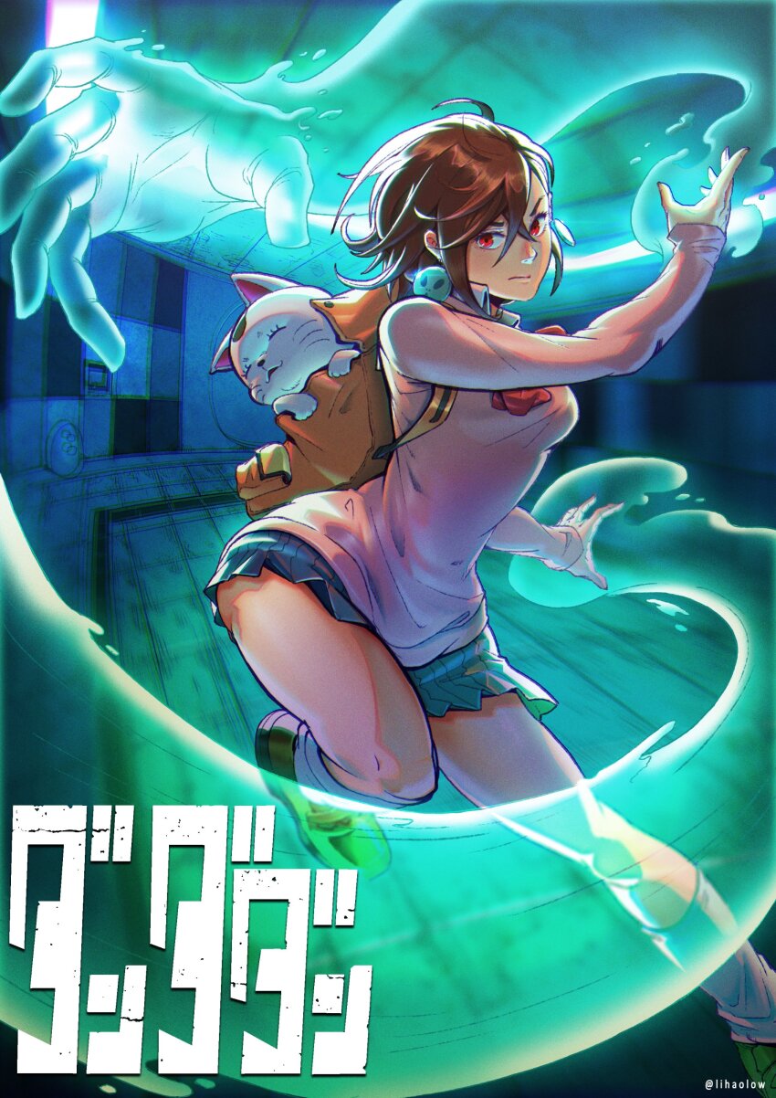 1girl absurdres ayase_momo backpack bag blue_skirt bow bowtie brown_footwear brown_hair closed_mouth copyright_name dandadan earrings fighting_stance foot_out_of_frame foot_up glint hair_between_eyes highres indoors jewelry kneehighs lihaolow long_sleeves looking_at_viewer loose_socks miniskirt mixed-language_commentary open_hands pink_sweater pleated_skirt red_bow red_bowtie red_eyes short_hair skirt socks sweater turbo_granny_(dandadan) twitter_username white_socks wide_hips