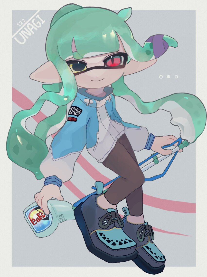 ... 1other ahoge androgynous aqua_hair aqua_shoes arms_at_sides asymmetrical_sidelocks bandage_on_hair black_footwear blue_coat brown_leggings closed_mouth coat double-parted_bangs eyebrows_hidden_by_hair full_body grey_background heterochromia highres holding holding_behind_back holding_weapon holding_weapon_behind_back inkling inkling_player_character knee_up leaning_to_the_side leggings light_smile long_hair mepo_1 mismatched_pupils multicolored_coat nintendo other_focus outline outside_border red_eyes shoes short_eyebrows slit_pupils solo splatoon_(series) squiffer_(splatoon) tentacle_hair thick_eyebrows tri_tails two-handed two-tone_coat two-tone_footwear very_long_hair weapon white_coat white_outline yellow_eyes