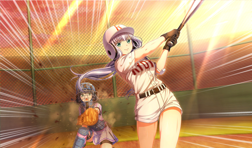2girls baseball baseball_bat baseball_field baseball_glove baseball_helmet baseball_uniform belt belt_buckle bike_shorts_under_skirt black_belt black_gloves black_hair black_shorts black_undershirt blurry buckle catcher&#039;s_mask catcher_(baseball) chain-link_fence chest_protector cinderella_series closed_mouth crossover depth_of_field dust_cloud dutch_angle emphasis_lines fence game_cg gloves green_eyes hachigatsu_no_cinderella_nine helmet highres holding holding_baseball_bat light_rays looking_ahead metal_baseball_bat multiple_girls nakata_nao non-web_source official_art open_mouth orange_sky outdoors playing_sports pleated_skirt satogahama_baseball_uniform shin_guards shirt shirt_under_shirt short_hair short_sleeves shorts skirt sky smile solo_focus sportswear striped_clothes striped_shirt sunbeam sunlight suzuki_waka tamayomi v-shaped_eyebrows vertical-striped_clothes vertical-striped_shirt white_hair white_shirt white_shorts