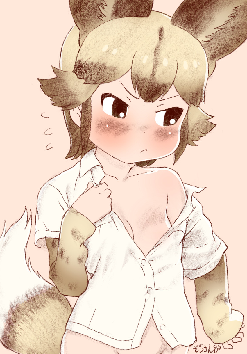 1girl african_wild_dog_(kemono_friends) animal_ear_fluff animal_ears animal_print bare_shoulders blush bottomless breasts brown_eyes cleavage cowboy_shot dog_ears dog_girl dog_tail extra_ears highres kemono_friends long_sleeves looking_to_the_side masuyama_ryou multicolored_hair open_clothes open_shirt shirt short_hair sidelocks simple_background small_breasts solo standing tail unbuttoned unbuttoned_shirt undressing white_shirt