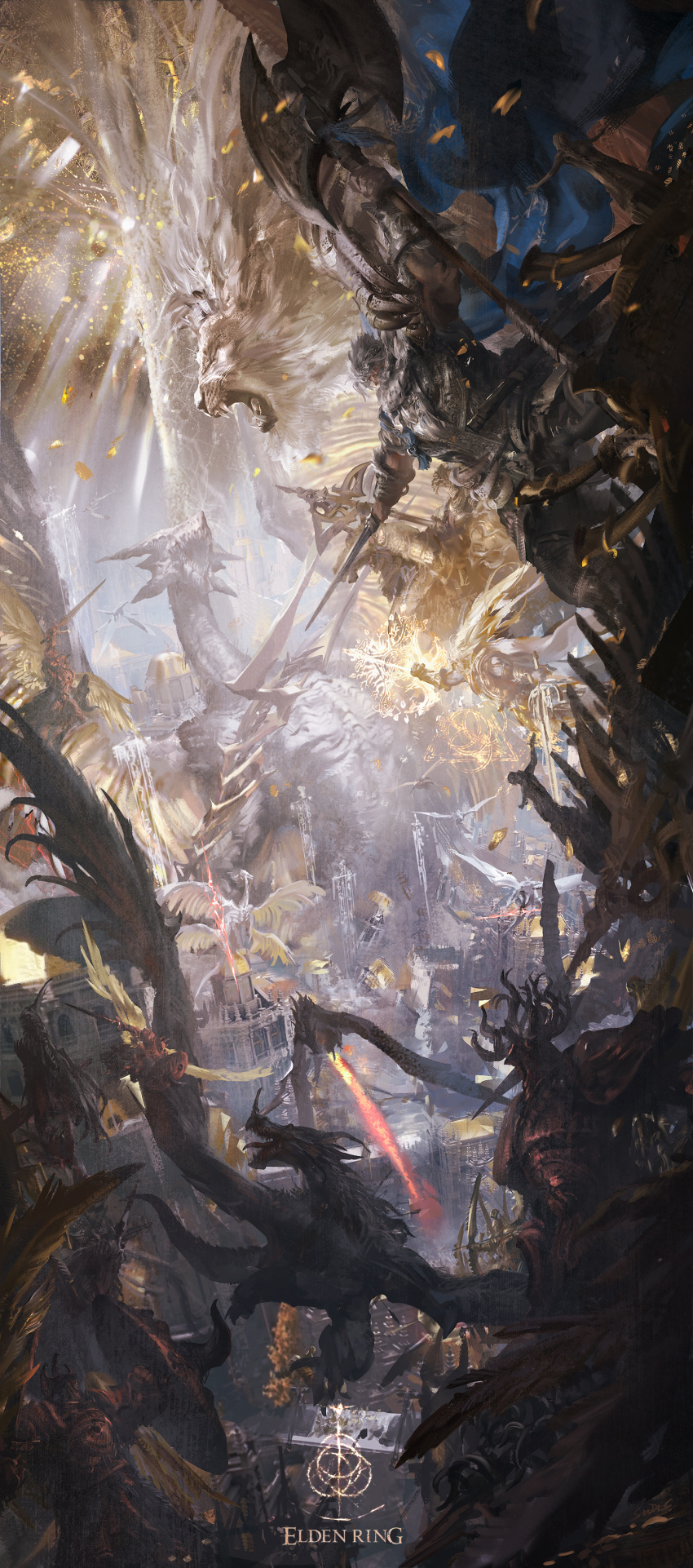 6+boys absurdres ancient_dragon_(elden_ring) armor axe battle battle_axe beard blonde_hair braid braided_beard breath_weapon breathing_fire city claws crown crucible_knight double-sided_axe dragon elden_ring electricity electrokinesis erdtree_(elden_ring) facial_hair fire flying full_armor godfrey_first_elden_lord godwyn_the_golden helm helmet highres holding holding_lightning_bolt holding_sword holding_weapon lion long_beard long_hair multiple_boys ornate plate_armor red_lightning scales serosh_(elden_ring) stu_dts sword tail weapon western_dragon white_hair wyvern