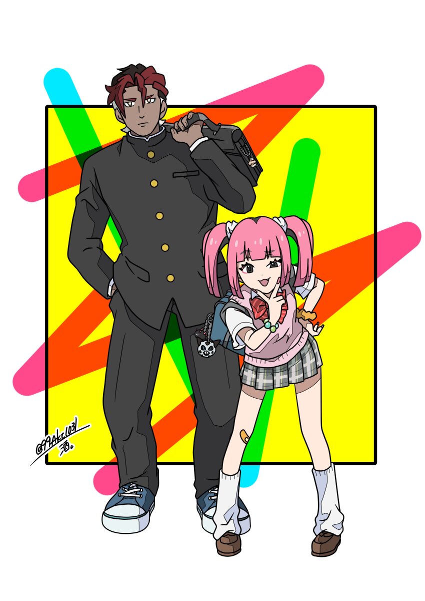 1boy 1girl 99akt1031 :d absurdres alternate_costume bead_bracelet beads bent_over bracelet brown_footwear buttons closed_mouth coral_(pokemon) dark-skinned_male dark_skin hand_on_own_hip hand_up highres jacket jewelry loose_socks nintendo open_mouth pants pink_hair pleated_skirt pokemon pokemon_(anime) pokemon_horizons school_uniform scrunchie shirt shoes short_sleeves sidian_(pokemon) skirt smile sneakers socks standing sweater_vest twintails v white_shirt white_socks wrist_scrunchie