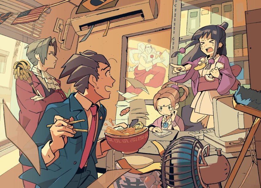&gt;_&lt; ace_attorney air_conditioner american_flag ascot black_hair black_vest blue_jacket blue_pants blunt_bangs bookshelf bowl brazilian_flag brown_hair chopsticks collared_shirt computer cousins crossed_arms electric_fan food formal_clothes grey_hair hair_intakes hair_ornament hair_rings half_updo hanten_(clothes) holding holding_bowl indoors jacket japanese_clothes jewelry computer_keyboard kimono long_hair long_sleeves magatama magatama_necklace maya_fey miles_edgeworth necklace noodles pants paper_stack pearl_fey phoenix_wright picture_frame pink_sash pointing poster_(object) purple_jacket ramen red_jacket sash shirt short_hair short_kimono sitting spiked_hair standing steel_samurai suit terrible_burst topknot union_jack urn vest white_kimono white_shirt