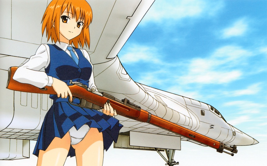 1girl absurdres aircraft airplane airplane_wing artbook blue_necktie blue_skirt blue_vest bolt_action bomber brown_eyes buttons closed_mouth cloud cloudy_sky collared_shirt crotch_seam gluteal_fold gun heavy_bomber highres holding holding_gun holding_weapon long_sleeves looking_at_viewer medium_hair military military_vehicle necktie orange_hair original panties pantyshot penetrator_(aircraft) pleated_skirt rifle shirt skirt sky solo standing strategic_bomber thighs tu-160 underwear uniform vest weapon white_panties white_shirt wind wind_lift yamauchi_noriyasu
