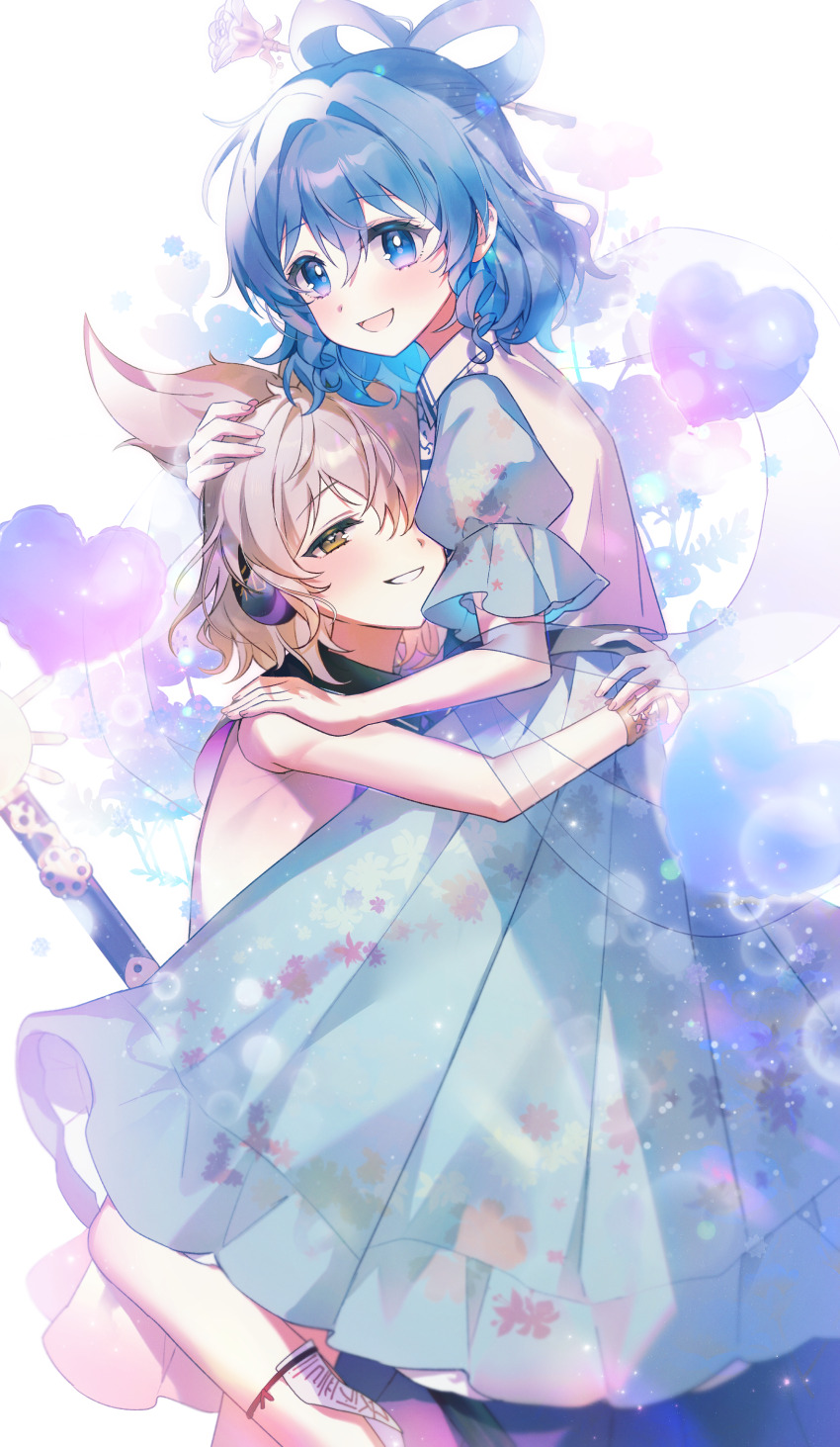 2girls :d absurdres arms_around_waist blue_dress blue_eyes blush bright_pupils brown_eyes carrying carrying_person dated_commentary dress earmuffs feixianji_(hairstyle) grin hair_between_eyes hair_ears hair_ornament hair_rings hair_stick half-closed_eyes hand_on_another&#039;s_head hand_on_another&#039;s_shoulder heart highres hug it_po_(sss_cmy) kaku_seiga light_brown_hair looking_at_viewer medium_dress multiple_girls ofuda one_eye_covered open_mouth pointy_hair puffy_short_sleeves puffy_sleeves short_hair short_sleeves sleeveless smile sword touhou toyosatomimi_no_miko weapon white_background white_pupils yuri