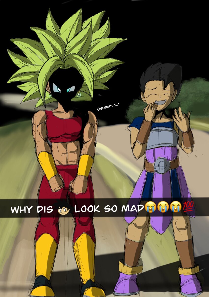 10s 1boy 1girl abs artist_request black_hair blonde_hair blue_eyes cabba closed_eyes dragon_ball dragon_ball_super earrings english_text full_body highres jewelry kefla_(dragon_ball) meme muscular muscular_female pants potara_earrings shadow sketch skirt smile spiked_hair teeth why_dis_ninja_look_so_mad_(meme)