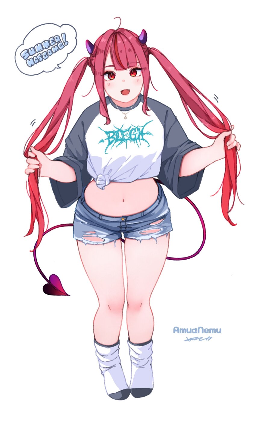 1girl :d absurdres ahoge amu-chan_(kohe_billialot) commentary demon_girl demon_horns demon_tail denim denim_shorts english_text fang full_body grey_shirt highres holding holding_own_hair horns jewelry kohe_billialot light_blush long_hair looking_at_viewer midriff multicolored_hair navel necklace no_shoes open_mouth original red_eyes red_hair shirt shorts signature simple_background smile socks solo standing symbol-only_commentary tail thighs tied_shirt torn_clothes twintails two-tone_shirt white_background white_shirt white_socks wide_sleeves