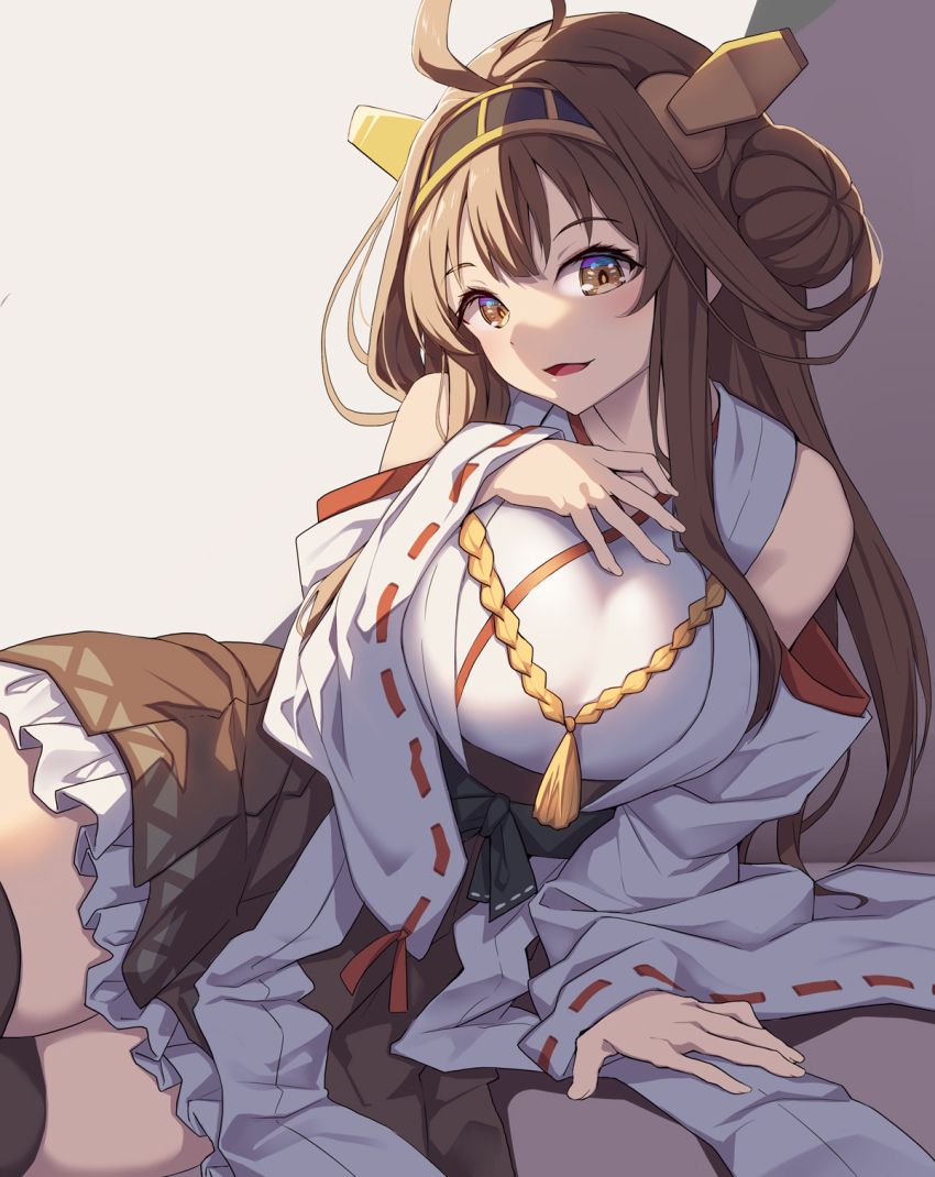 1girl ahoge bare_shoulders blush breasts brown_hair creek_(moon-sky) detached_sleeves double_bun hair_bun hair_ornament hairband hand_on_own_chest headgear highres japanese_clothes kantai_collection kongou_(kancolle) large_breasts long_hair looking_at_viewer lying nontraditional_miko open_mouth ribbon-trimmed_sleeves ribbon_trim sitting skirt smile solo thighhighs