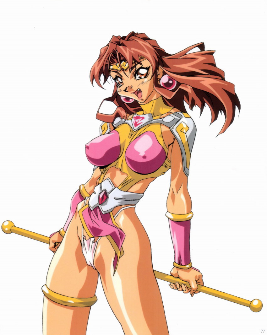 1990s_(style) armor brown_hair cameltoe choujin_gakuen_gowcaizer covered_erect_nipples earrings fang fundoshi highres japanese_clothes jewelry oobari_masami power_suit retro_artstyle son_karin spandex tan technos