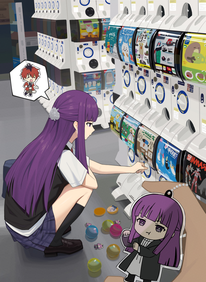 1girl absurdres alternate_costume aura_(sousou_no_frieren) bag baymax big_hero_6 black_footwear black_socks black_vest blunt_bangs capsule charm_(object) contemporary expressionless fatzhai fern_(sousou_no_frieren) from_side gen_1_pokemon highres indoors kamen_rider kneehighs lilo_&amp;_stitch nintendo pikachu plaid_clothes plaid_skirt pokemon pokemon_(creature) pooh pout profile purple_hair school_uniform shirt short_sleeves shoulder_bag sidelocks skirt socks solo_focus sousou_no_frieren speech_bubble spoken_character squatting stark_(sousou_no_frieren) stitch_(lilo_&amp;_stitch) ultra_series vest white_shirt winnie_the_pooh