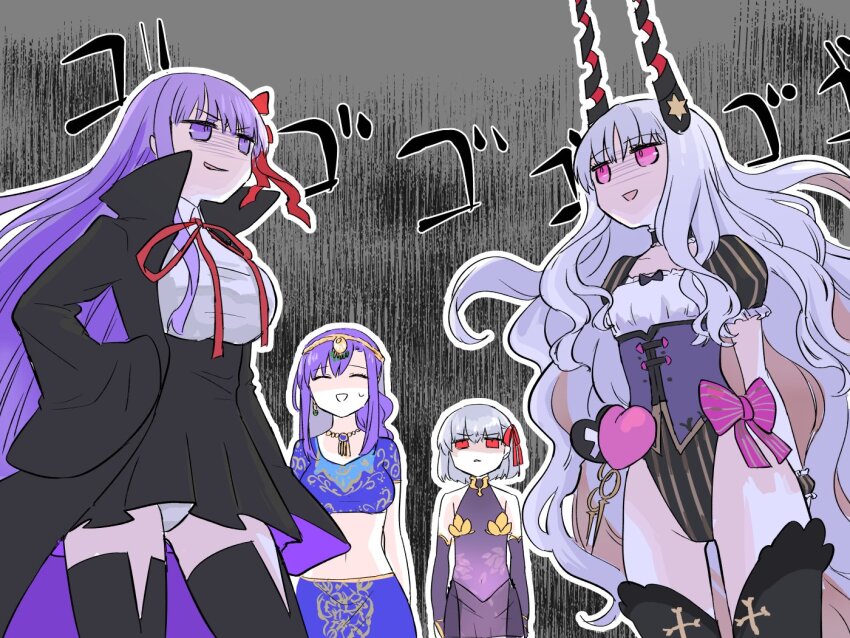 4girls bb_(fate) bb_(fate/extra) black_coat black_horns black_thighhighs breasts caren_hortensia caren_hortensia_(amor_caren) caren_hortensia_(amor_caren)_(third_ascension) circlet coat commentary_request crop_top cropped_shirt detached_sleeves dress earrings fate/grand_order fate_(series) grey_hair hair_ribbon high-waist_skirt highleg highleg_leotard himeko_(nico6v6pachi) horns jewelry kama_(fate) kama_(first_ascension)_(fate) large_breasts leotard medium_breasts menacing_(jojo) midriff miniskirt multiple_girls necklace parvati_(fate) pink_hair puffy_short_sleeves puffy_sleeves purple_dress purple_eyes purple_hair red_eyes ribbon short_sleeves skirt sleeves_past_fingers sleeves_past_wrists small_breasts thighhighs underbust wavy_hair