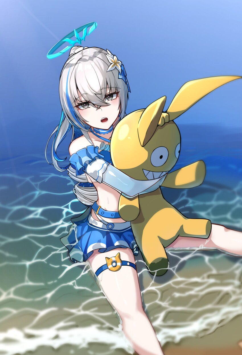 1girl absurdres bare_shoulders blue_bow blue_skirt bow bronya_zaychik bronya_zaychik_(herrscher_of_truth) bronya_zaychik_(seaside_vibes) commentary_request drill_hair drill_ponytail flower grey_eyes grey_hair hair_between_eyes hair_flower hair_ornament halo highres holding holding_stuffed_toy homu_(honkai_impact) honkai_(series) honkai_impact_3rd kamishiro_noa looking_at_viewer miniskirt multicolored_hair official_alternate_costume open_mouth outdoors red_pupils sitting sitting_on_water skirt solo streaked_hair stuffed_toy white_flower