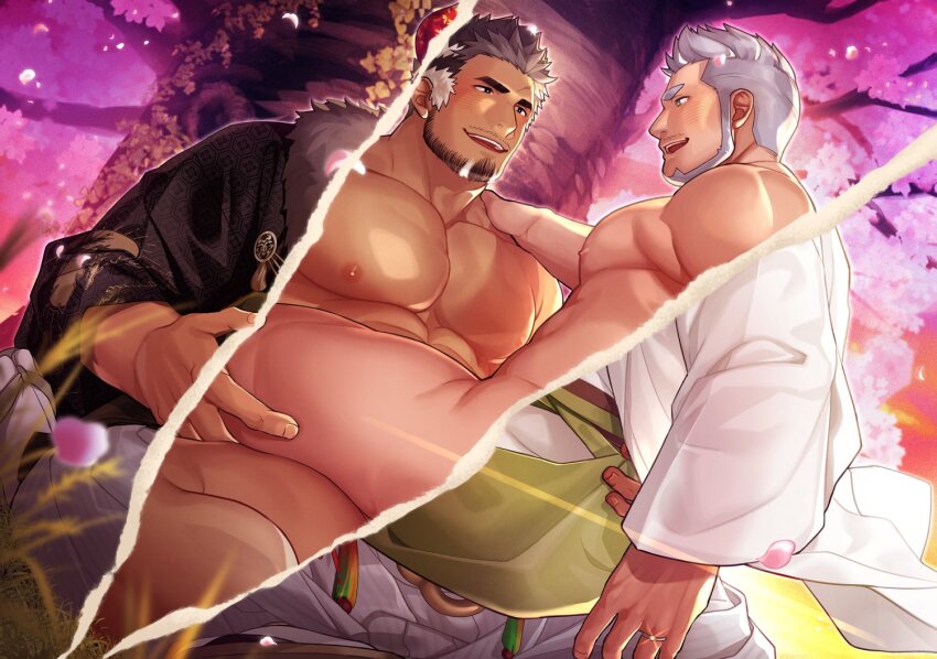 2boys bara beard blush cherry_blossoms cherry_tree facial_hair gozu_farm gyee jewelry large_pectorals looking_at_another male_focus miles_(gyee) multicolored_hair multiple_boys muscular muscular_male mustache_stubble nipples official_art pectorals ring sitting sitting_on_lap sitting_on_person smile stubble takashi_(gyee) two-tone_hair wedding_ring yaoi