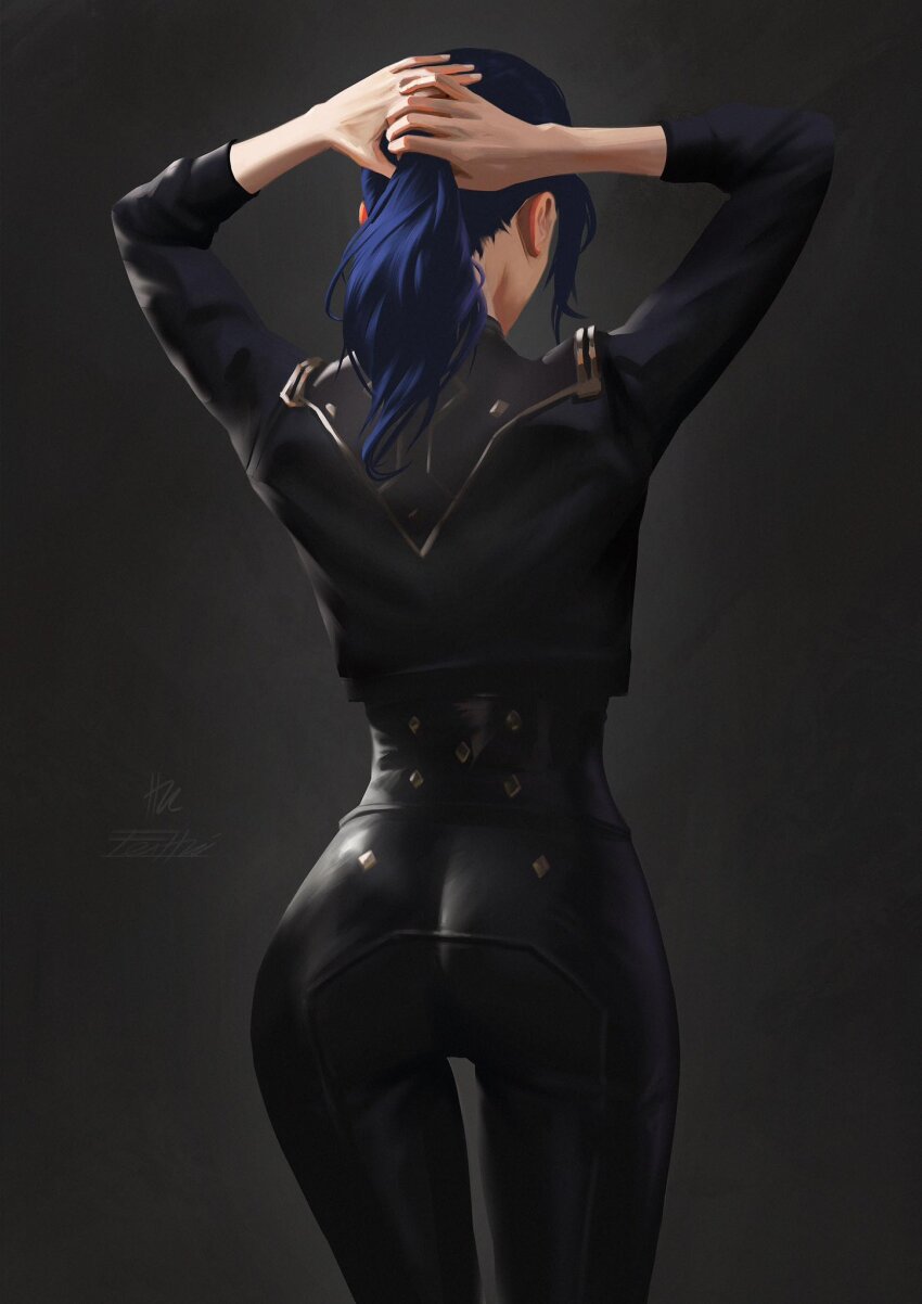 1girl arcane:_league_of_legends ass black_jacket black_pants blue_hair brown_background caitlyn_(league_of_legends) cowboy_shot fei_hai from_behind gradient_background highres jacket league_of_legends long_hair pants solo