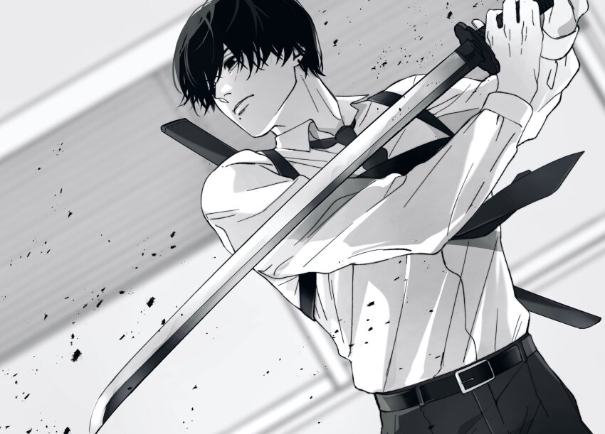 1boy belt chainsaw_man collared_shirt commentary_request cowboy_shot dutch_angle greyscale highres holding holding_sword holding_weapon long_sleeves male_focus mole mole_under_mouth monochrome pants parted_lips shirt siraco_(sira5_3) solo sword teeth weapon yoshida_hirofumi