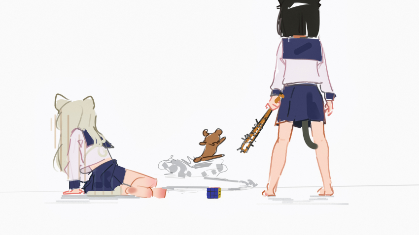 2girls absurdres animal_ears baseball_bat bear black_hair blue_sailor_collar blue_skirt cat_ears cat_girl cat_tail highres holding holding_baseball_bat long_hair multiple_girls original pedobear pleated_skirt rubik&#039;s_cube sailor_collar school_uniform serafuku short_hair simple_background skirt spiked_bat sweetonedollar tail white_background white_hair