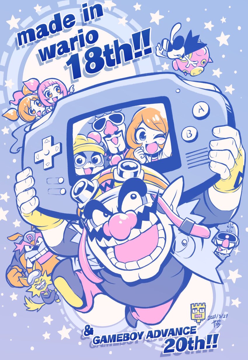 3girls 6+boys 9-volt :d ;d adjusting_eyewear afro ana_(warioware) anniversary arm_up artist_name blue_background blue_jacket blunt_bangs blush cat cleft_chin commentary_request copyright_name dated dog dr._crygor dribble_(warioware) facial_hair fingerless_gloves fronk game_boy_advance gloves goggles goggles_on_head hand_up handheld_game_console helmet high_ponytail highres holding holding_handheld_game_console jacket jimmy_t kat_(warioware) mona_(warioware) multiple_boys multiple_girls mustache nintendo one_eye_closed open_clothes open_jacket open_mouth orange_eyes orange_hair orbulon pants pink_eyes pink_hair pointing pointy_ears ponytail red_pants shirt short_twintails sidelocks simple_background sleeveless sleeveless_jacket smile spitz star_(symbol) star_symbol_background sunglasses swept_bangs teeth twintails wario warioware yamato_koara yellow_gloves
