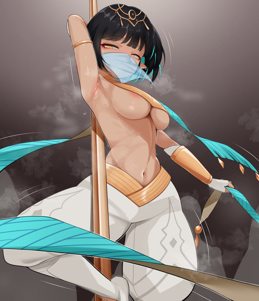 1girl absurdres ahmik areola_slip arm_behind_head armpits black_background black_hair breasts brown_eyes dancer dancing eyebrows_hidden_by_hair harem_outfit highres khali_(maplestory) looking_at_viewer maplestory medium_breasts motion_lines pole_dancing short_hair simple_background solo steaming_body