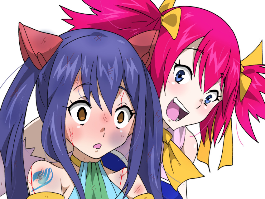 2girls absurdres blood blood_on_face blue_eyes blue_hair brown_eyes embarrassed fairy_tail happy highres multiple_girls open_mouth pink_hair powt sheria_blendy shoulder_tattoo simple_background tagme tattoo teeth transparent_background wendy_marvell
