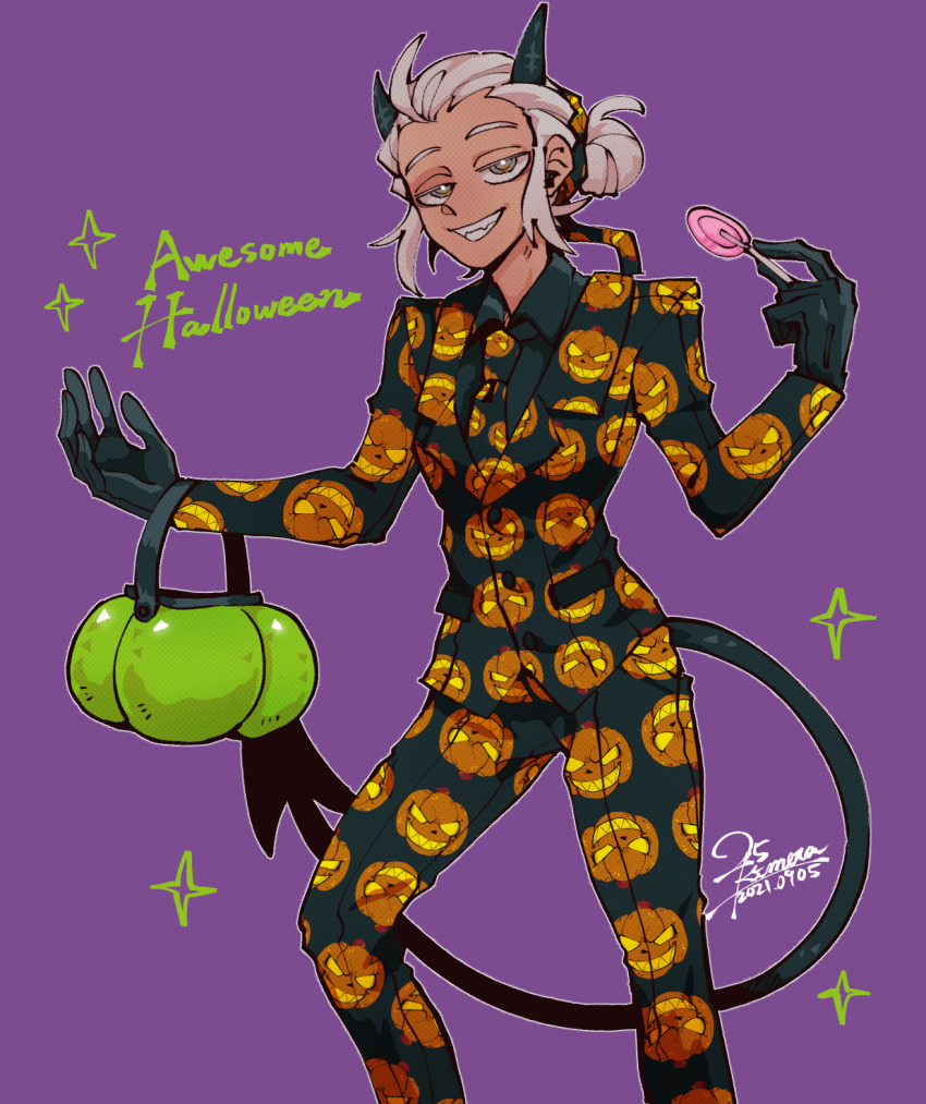 1girl 25_kimera alternate_costume black_gloves black_horns black_jacket black_necktie black_pants black_shirt black_suit blind candy collared_shirt commentary_request dated demon_girl demon_tail english_text food formal_clothes gloves grey_eyes hair_bun halloween halloween_bucket helltaker highres holding holding_candy holding_food holding_lollipop horns jack-o&#039;-lantern_print jacket justice_(helltaker) lollipop necktie no_eyewear outline pants print_jacket print_necktie print_pants purple_background sharp_teeth shirt signature smile solo sparkle standing suit tail teeth white_hair white_outline
