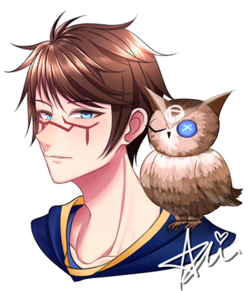 1boy animal animal_on_shoulder aria_arioso bird bird_on_shoulder blue_eyes brown_hair button_eyes buttons character_name commentary_request eli_clark facial_mark highres identity_v owl portrait short_hair simple_background solo swept_bangs upper_body white_background