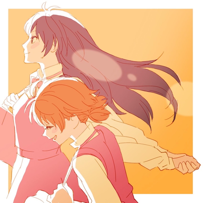 2girls 55bata6rou ahoge bag black_hair blush border closed_eyes closed_mouth collared_shirt dress from_side happy highres holding_hands holding_strap koito_yuu long_hair long_sleeves looking_ahead low_twintails multiple_girls nanami_touko open_mouth orange_hair outside_border pinafore_dress profile school_bag school_uniform shirt short_hair short_twintails sidelighting sleeveless sleeveless_dress smile tohmi_higashi_high_school_uniform twintails walking white_border white_shirt yagate_kimi_ni_naru yellow_background yuri