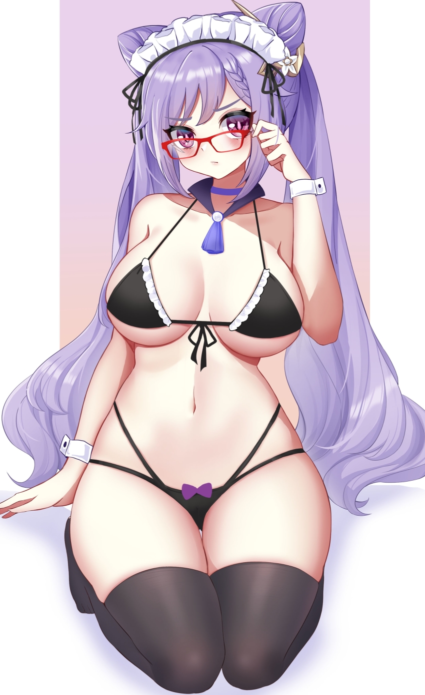 1girl absurdres bare_arms bare_shoulders bespectacled black_bra black_panties black_thighhighs bow bow_panties bra choker commentary_request cone_hair_bun ff2074 genshin_impact glasses hair_bun hand_up highres keqing_(genshin_impact) long_hair maid_headdress navel panties purple_choker purple_eyes purple_hair red-framed_eyewear seiza sitting solo stomach thighhighs thighs twintails underwear underwear_only very_long_hair wrist_cuffs