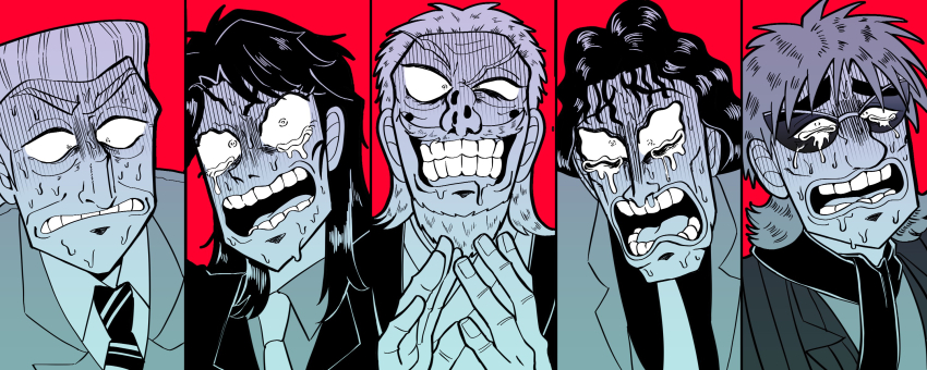 5boys asymmetrical_legwear bags_under_eyes big_nose blazer clapping collared_shirt column_lineup commentary_request crew_cut crying crying_with_eyes_open defeat fingernails flipped_hair formal_clothes fukumoto_nobuyuki_(style) greyscale_with_colored_background grin highres hyoudou_kazutaka hyoudou_kazuya ichijou_seiya jacket japanese_clothes kaiji kimono long_hair looking_at_viewer looking_down male_focus multiple_boys muraoka_takashi necktie nervous_sweating official_style old old_man open_mouth parody red_background satou_(ultrmngrtsrt) scarf shirt short_hair smile style_parody suit sunglasses surprised sweat tears teeth textless_version tonegawa_yukio uneven_legwear upper_body wavy_hair
