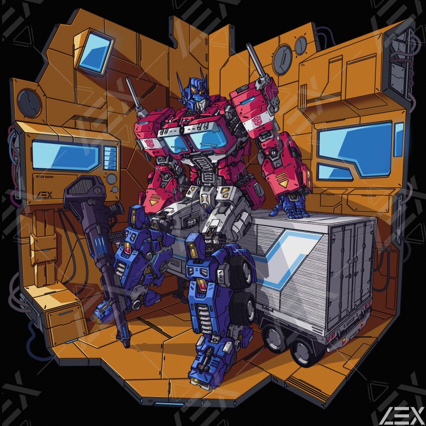 absurdres artist_name autobot blue_eyes cable gun highres lextodrawstuff looking_to_the_side mecha no_humans optimus_prime robot sitting solo trailer transformers watermark weapon