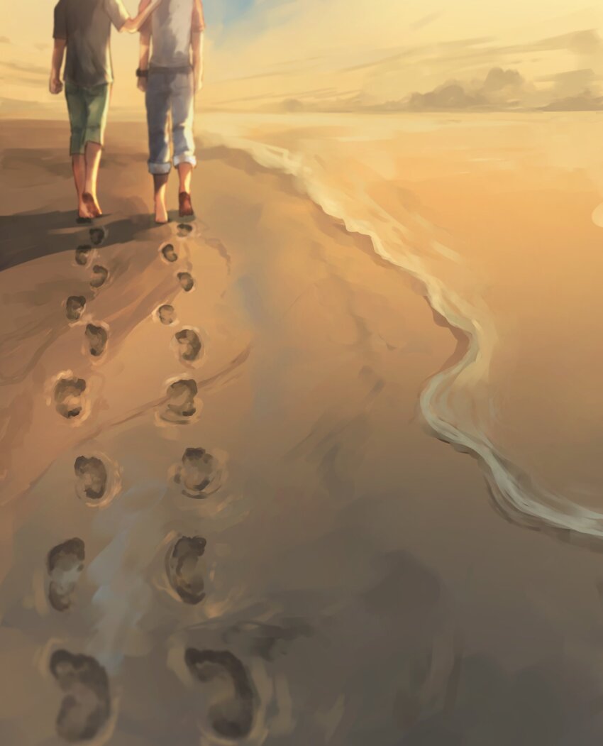 2boys absurdres barefoot blue_oak capri_pants commentary footprints from_behind green_pants hand_up highres male_focus multiple_boys nintendo outdoors pants pokemon pokemon_sm red_(pokemon) sand shirt shiruko_(s1ruko) shore short_sleeves standing twilight walking water yaoi