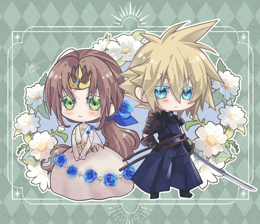 1boy 1girl absurdres aerith_gainsborough aerith_gainsborough_(prism_dress) aqua_eyes arestear0701 armor black_footwear black_gloves blonde_hair blue_eyes blue_flower blue_ribbon blue_rose bridal_gauntlets brown_hair chibi cloud_strife cloud_strife_(murasame) dress dress_flower final_fantasy final_fantasy_vii final_fantasy_vii_ever_crisis final_fantasy_vii_remake floral_background flower furrowed_brow gloves gold_trim green_background green_eyes hair_between_eyes hair_flower hair_ornament hair_ribbon hakama highres holding holding_sword holding_weapon japanese_armor japanese_clothes katana long_dress official_alternate_costume own_hands_together parted_bangs ponytail ribbon rose see-through_clothes see-through_sleeves short_hair shoulder_armor smile spiked_hair standing sword tiara v_arms weapon white_dress white_flower white_sleeves