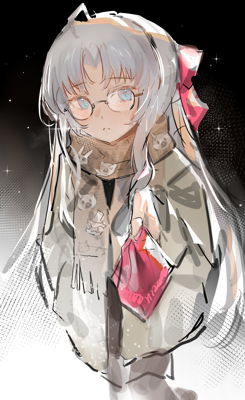1girl absurdres alternate_costume bespectacled blue_eyes bow brown_jacket brown_scarf carlotta_(wuthering_waves) closed_mouth commentary_request glasses hair_bow highres jacket long_hair looking_at_viewer milbi parted_bangs pink_bow print_scarf scarf sketch solo white_hair wuthering_waves