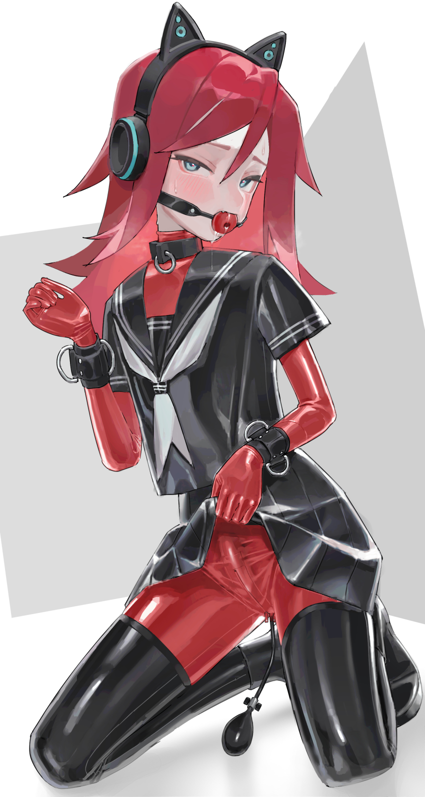 1boy absurdres anal anal_object_insertion animal_ear_headphones animal_ears aqua_eyes ball_gag bdsm black_serafuku black_skirt bodysuit bodysuit_under_clothes borrowed_character bulge butt_plug clothes_lift collar cuffs erection erection_under_clothes fake_animal_ears gag gagged half-closed_eyes headphones highres inflatable_buttplug kneeling latex latex_bodysuit latex_serafuku latex_skirt latex_thighhighs looking_at_viewer medium_hair object_insertion original red_bodysuit red_eyes red_hair saaal653 school_uniform serafuku sex_toy shiny_clothes skin_tight skirt skirt_lift solo thighhighs trap wiffle_gag