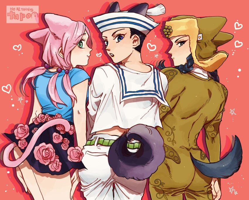 1girl 2boys animal_ears ass belt black_eyes black_hair black_skirt blue_eyes braid cat_ears cat_girl cat_tail commentary dixie_cup_hat dog_boy dog_ears dog_tail english_commentary flower flower_ornament from_behind green_belt green_eyes green_jumpsuit hair_bobbles hair_ornament hat heart higashikata_josuke_(jojolion) highres hirose_yasuho jojo_2waka jojo_no_kimyou_na_bouken jojolion jumpsuit kemonomimi_mode long_sleeves looking_back mamezuku_rai military_hat multicolored_eyes multiple_boys pants pink_flower pink_hair pink_rose rose sailor sailor_collar shirt short_hair short_sleeves skirt tail twin_braids two-tone_eyes ushanka white_hat white_pants white_sailor_collar white_shirt
