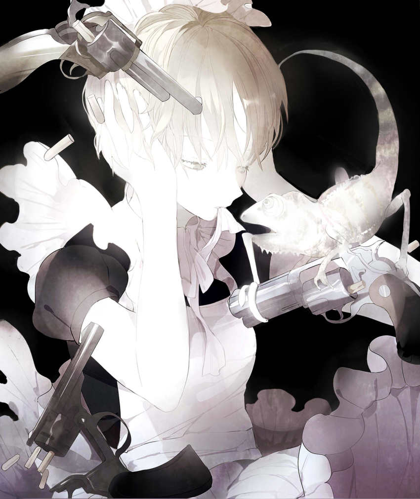 1girl animal apron black_background black_dress blonde_hair breasts brown_eyes bullet chameleon collared_dress covering_own_ears dress floating floating_clothes floating_object frilled_apron frills gun gun_to_head handgun hands_in_own_hair hands_on_own_head hands_up highres light_brown_hair maid maid_apron maid_headdress mouth_hold n79oqc3yja6jlof neck_ribbon original puffy_short_sleeves puffy_sleeves ribbon short_hair short_sleeves small_breasts solo three_monkeys weapon white_apron white_ribbon