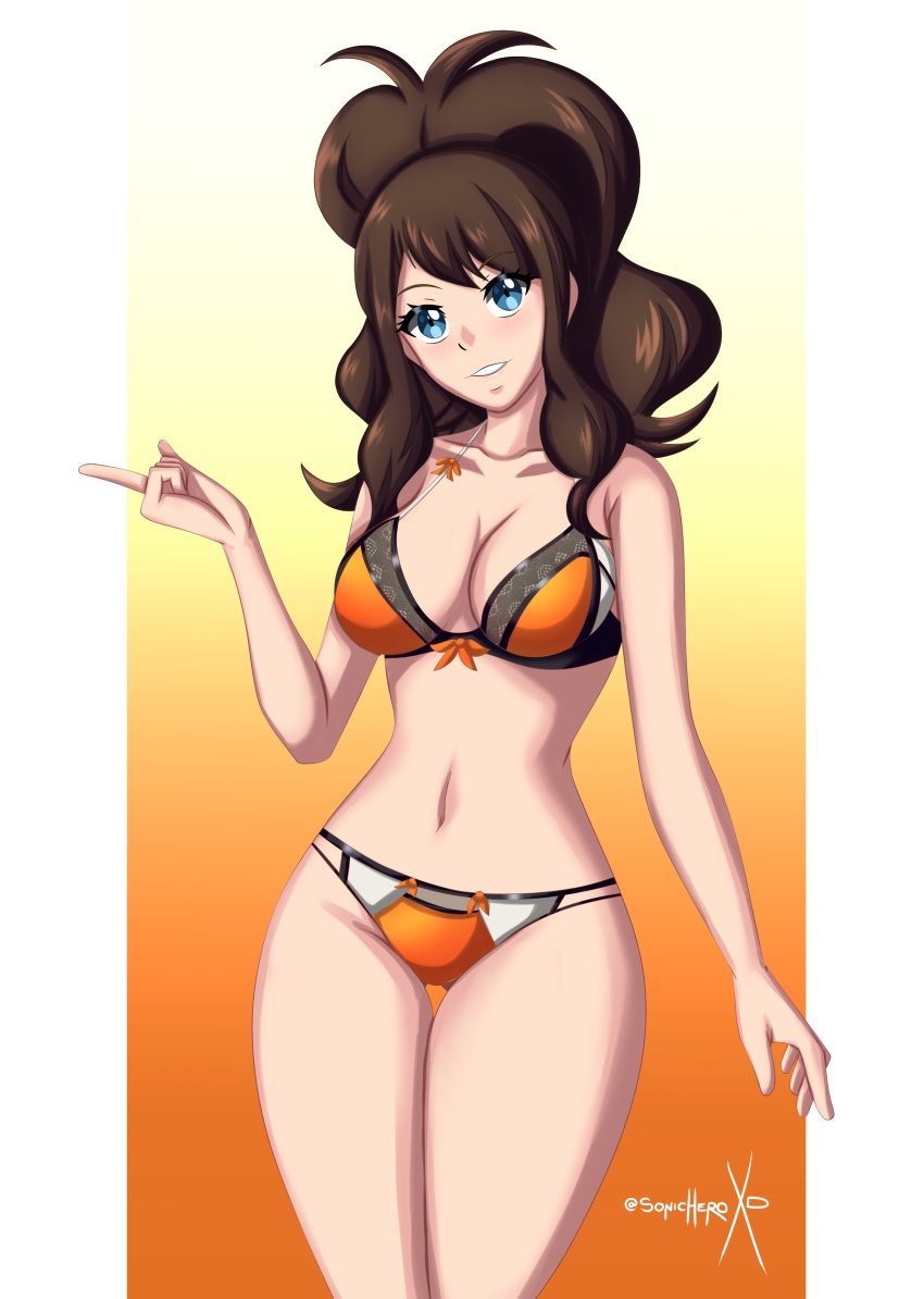 1girl absurdres bikini blue_eyes bra brown_hair collarbone hand_up head_tilt high_ponytail highres hilda_(pokemon) hilda_(sygna_suit)_(pokemon) lace lace-trimmed_bra lace_trim long_hair looking_at_viewer navel nintendo orange_bra orange_panties panties parted pointing pokemon pokemon_masters_ex ponytail sidelocks smile sonicheroxd swimsuit thigh_gap underwear